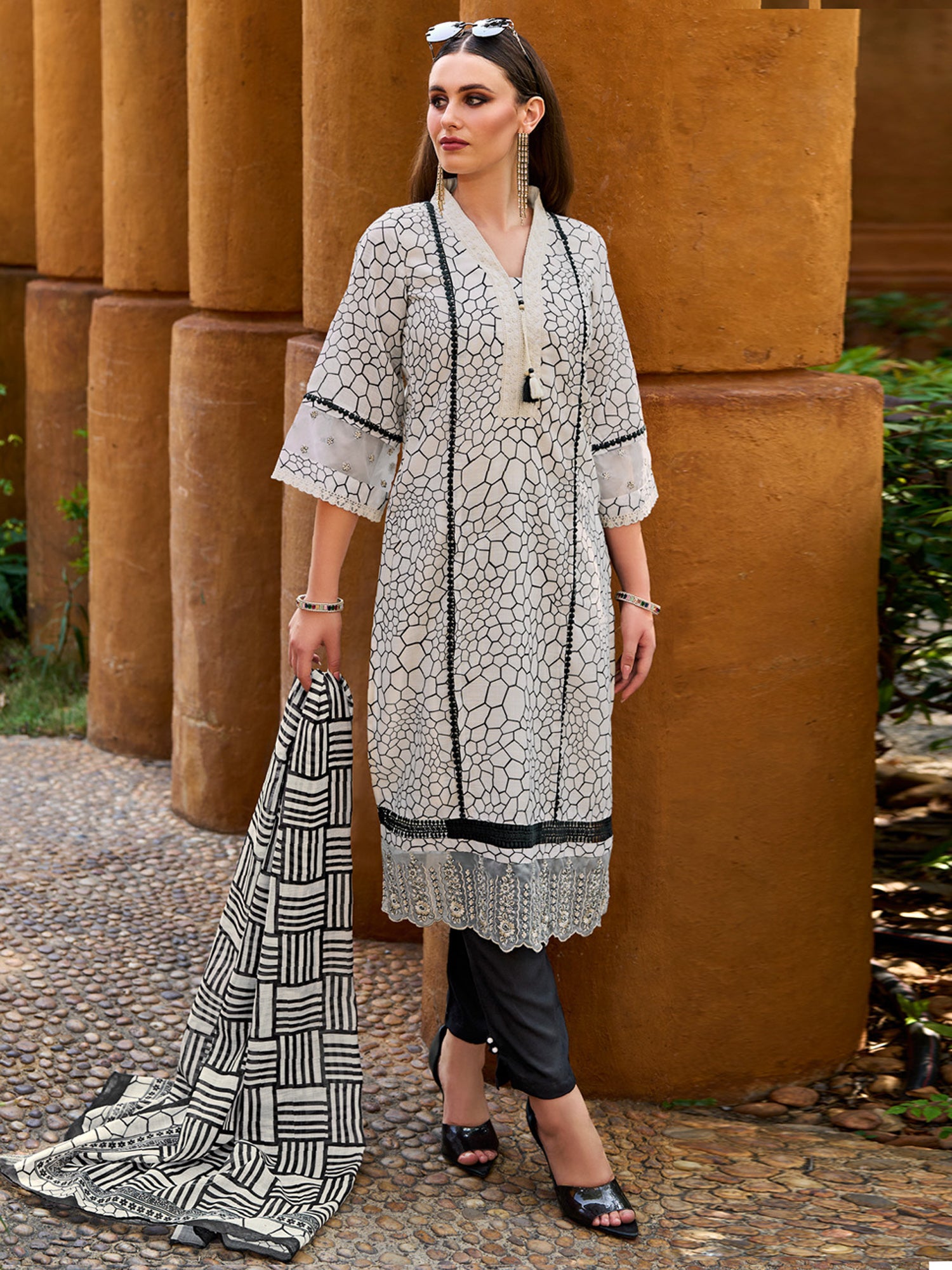 Indo Era Off White Printed Straight Kurta Trousers With Dupatta set - Distacart