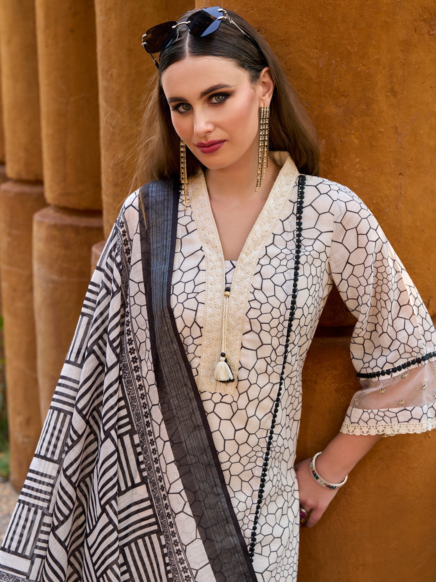 Indo Era Off White Printed Straight Kurta Trousers With Dupatta set - Distacart