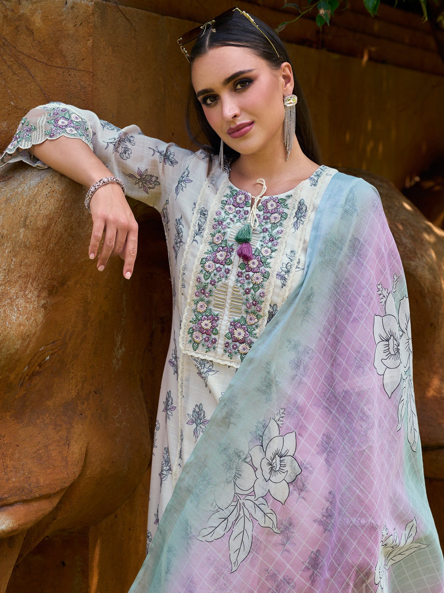 Indo Era Off White Printed Straight Kurta Trousers With Dupatta set - Distacart