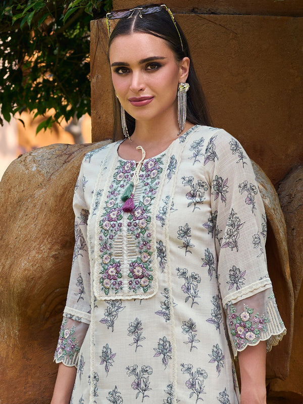 Indo Era Off White Printed Straight Kurta Trousers With Dupatta set - Distacart