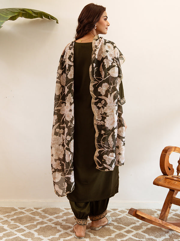 Indo Era Green Embroidered Straight Kurta Salwar With Dupatta set - Distacart