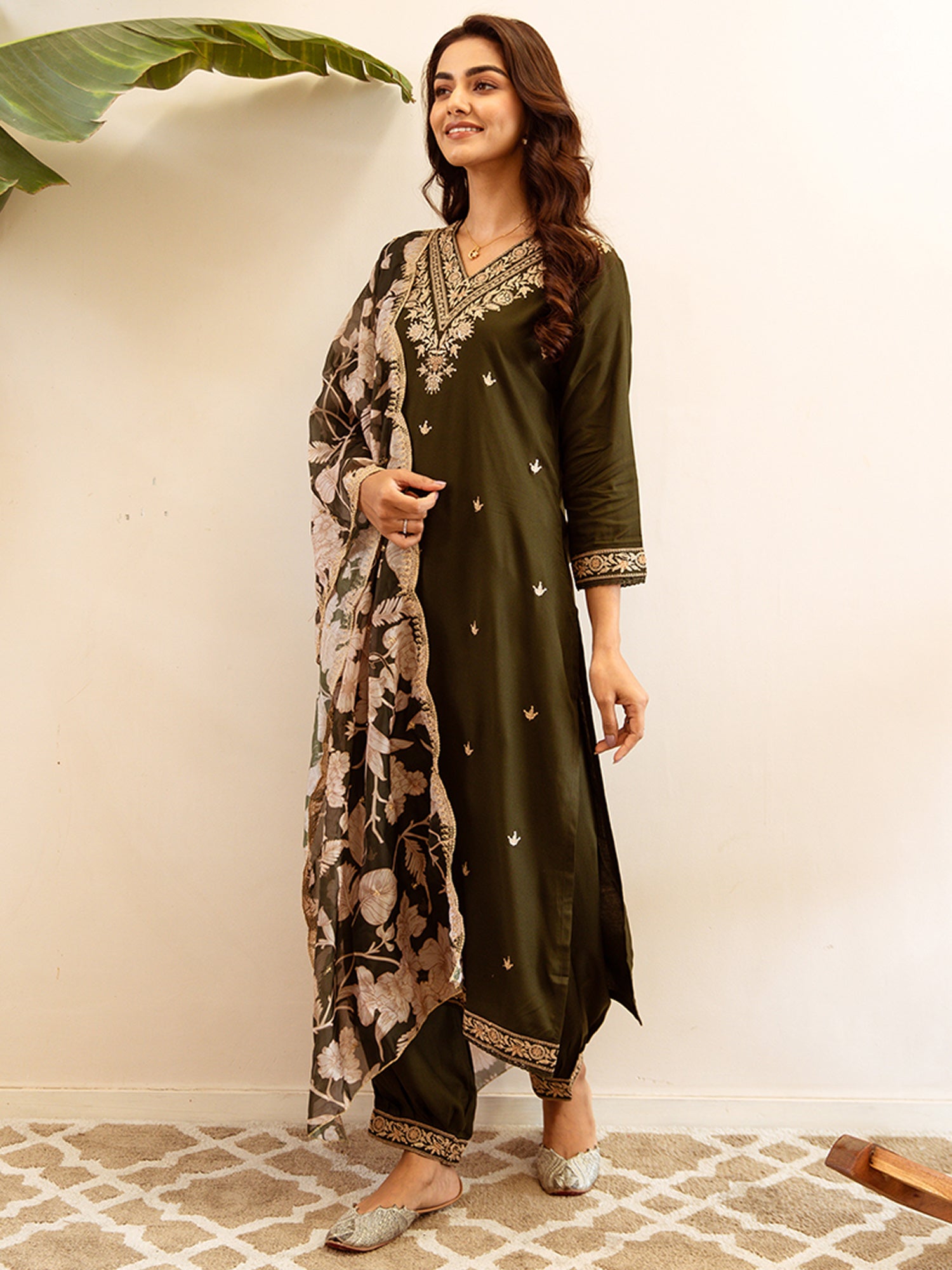 Indo Era Green Embroidered Straight Kurta Salwar With Dupatta set - Distacart