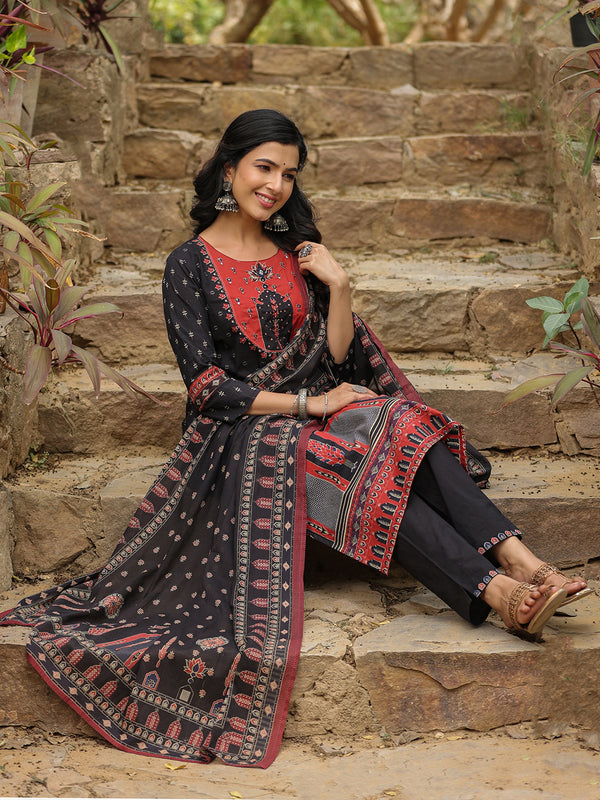 Indo Era Black Printed Straight Kurta Trousers With Dupatta set - Distacart
