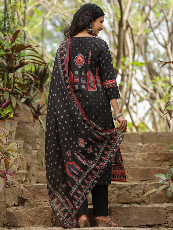 Indo Era Black Printed Straight Kurta Trousers With Dupatta set - Distacart