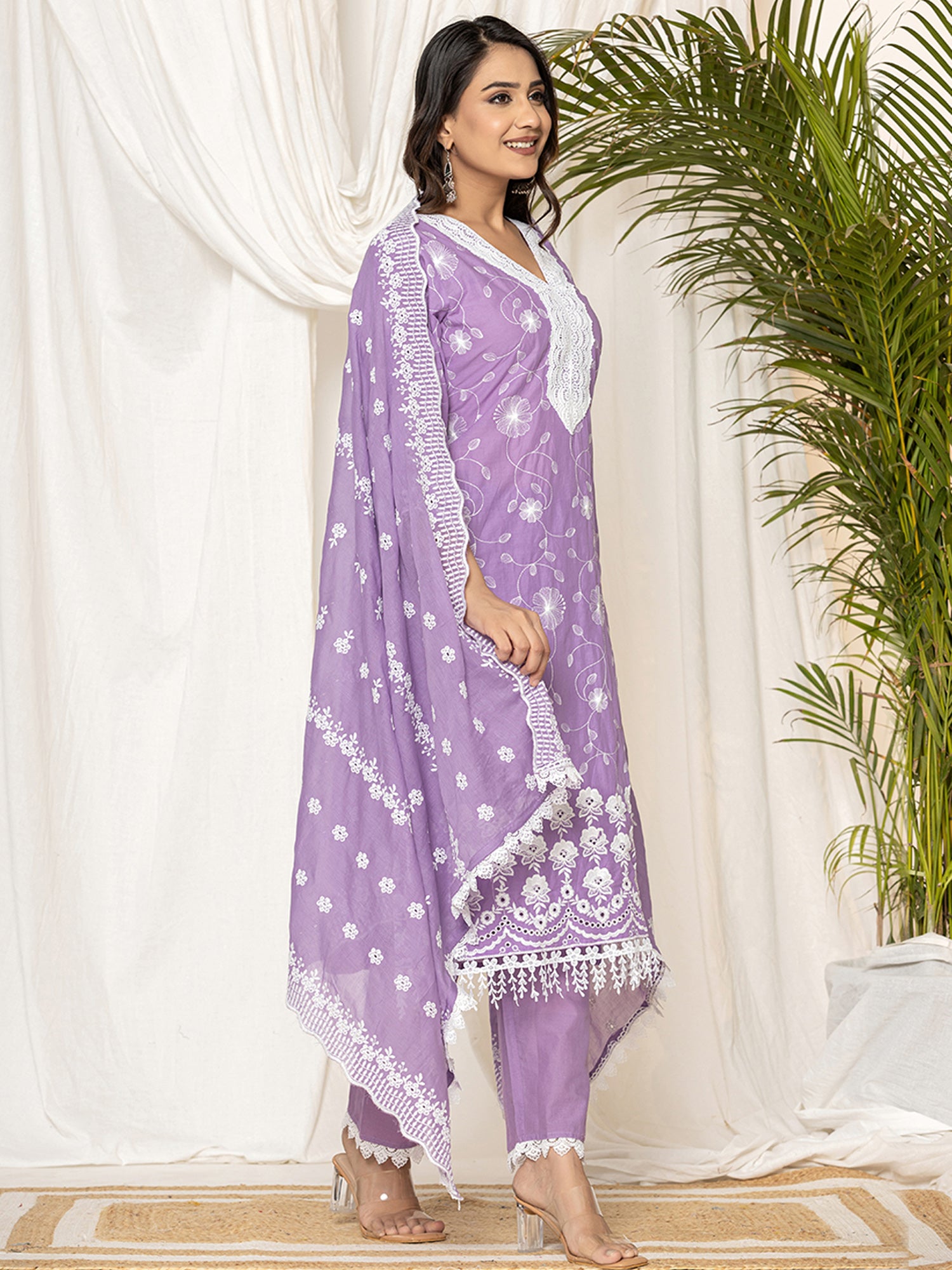 Indo Era Lavender Embroidered Straight Kurta Trousers set - Distacart