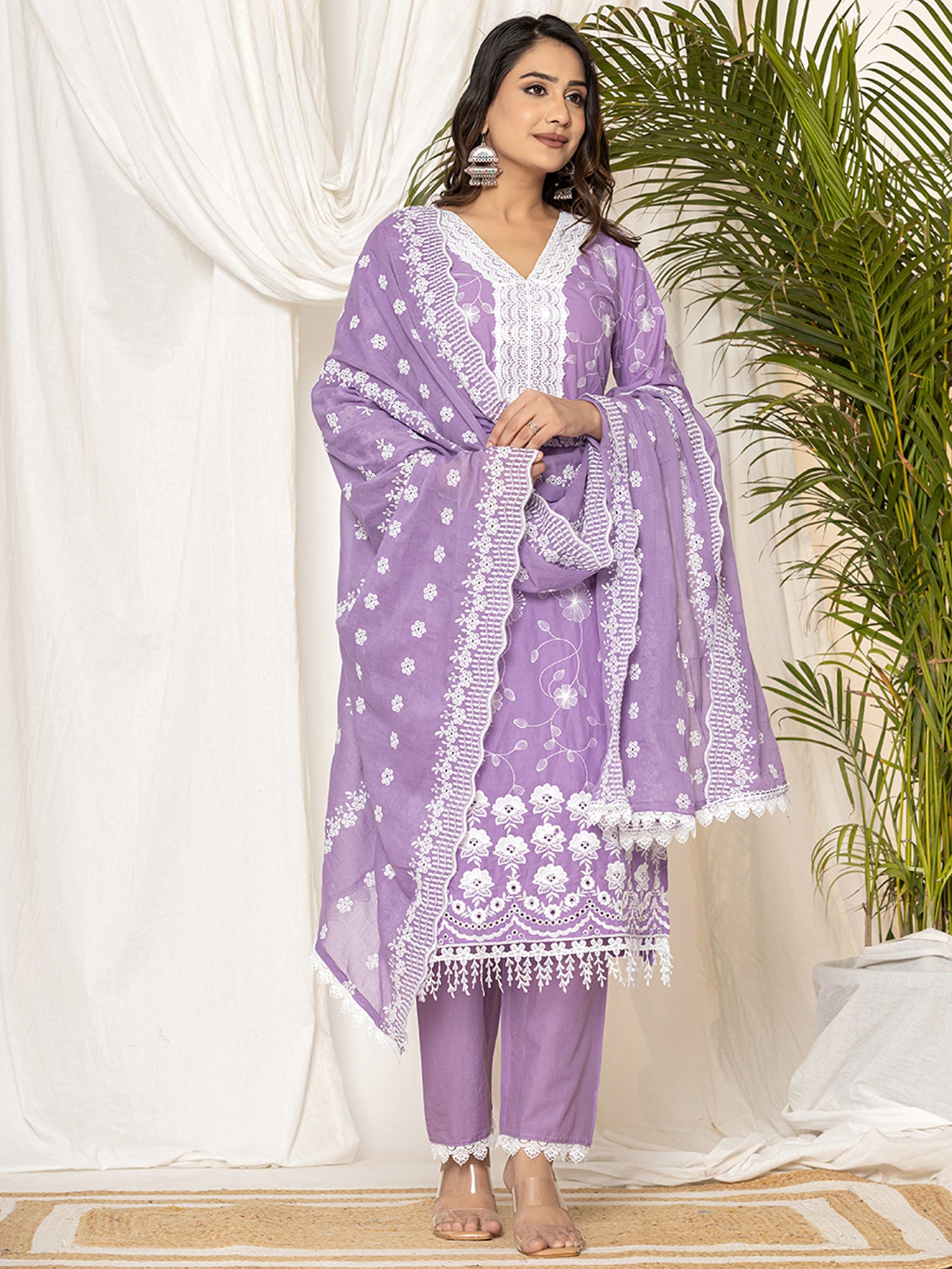 Indo Era Lavender Embroidered Straight Kurta Trousers set - Distacart