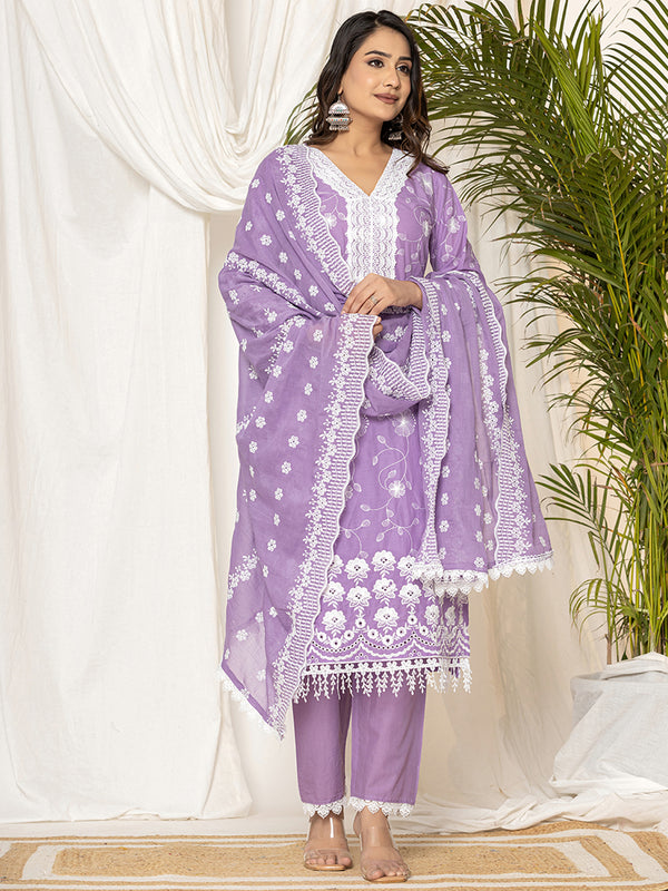 Indo Era Lavender Embroidered Straight Kurta Trousers set - Distacart
