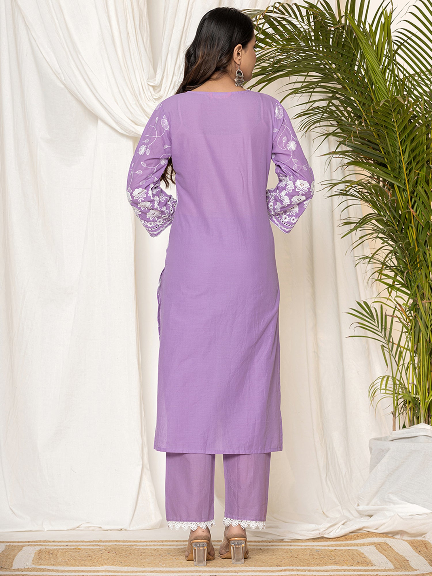 Indo Era Lavender Embroidered Straight Kurta Trousers set - Distacart