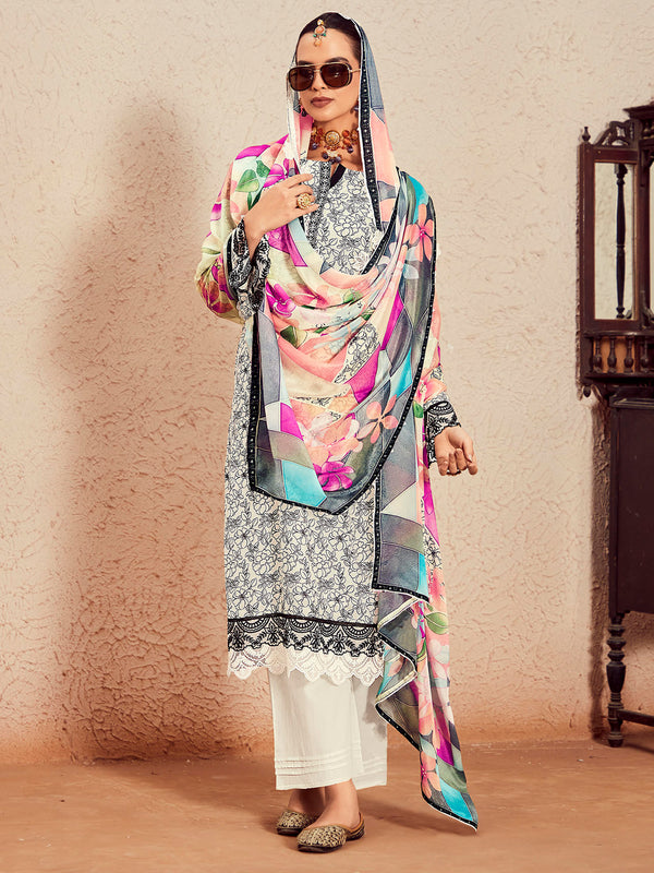 Indo Era Off White Printed Straight Kurta Trousers With Dupatta Set - Distacart