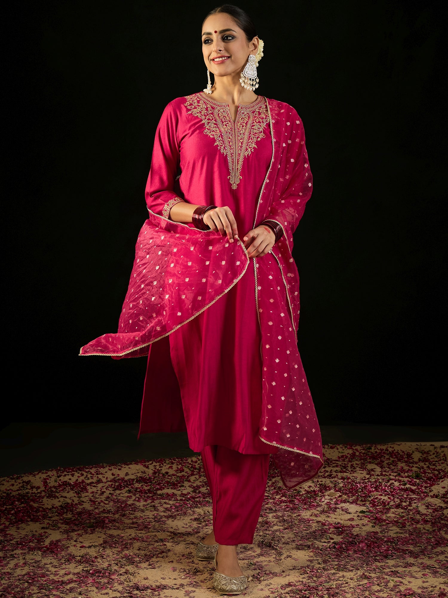 Indo Era Pink Embroidered Straight Kurta Trousers With Dupatta set - Distacart