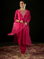 Thumbnail for Indo Era Pink Embroidered Straight Kurta Trousers With Dupatta set - Distacart