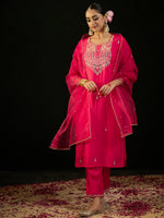 Thumbnail for Indo Era Pink Embroidered Straight Kurta Trousers With Dupatta Set - Distacart
