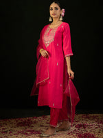Thumbnail for Indo Era Pink Embroidered Straight Kurta Trousers With Dupatta Set - Distacart