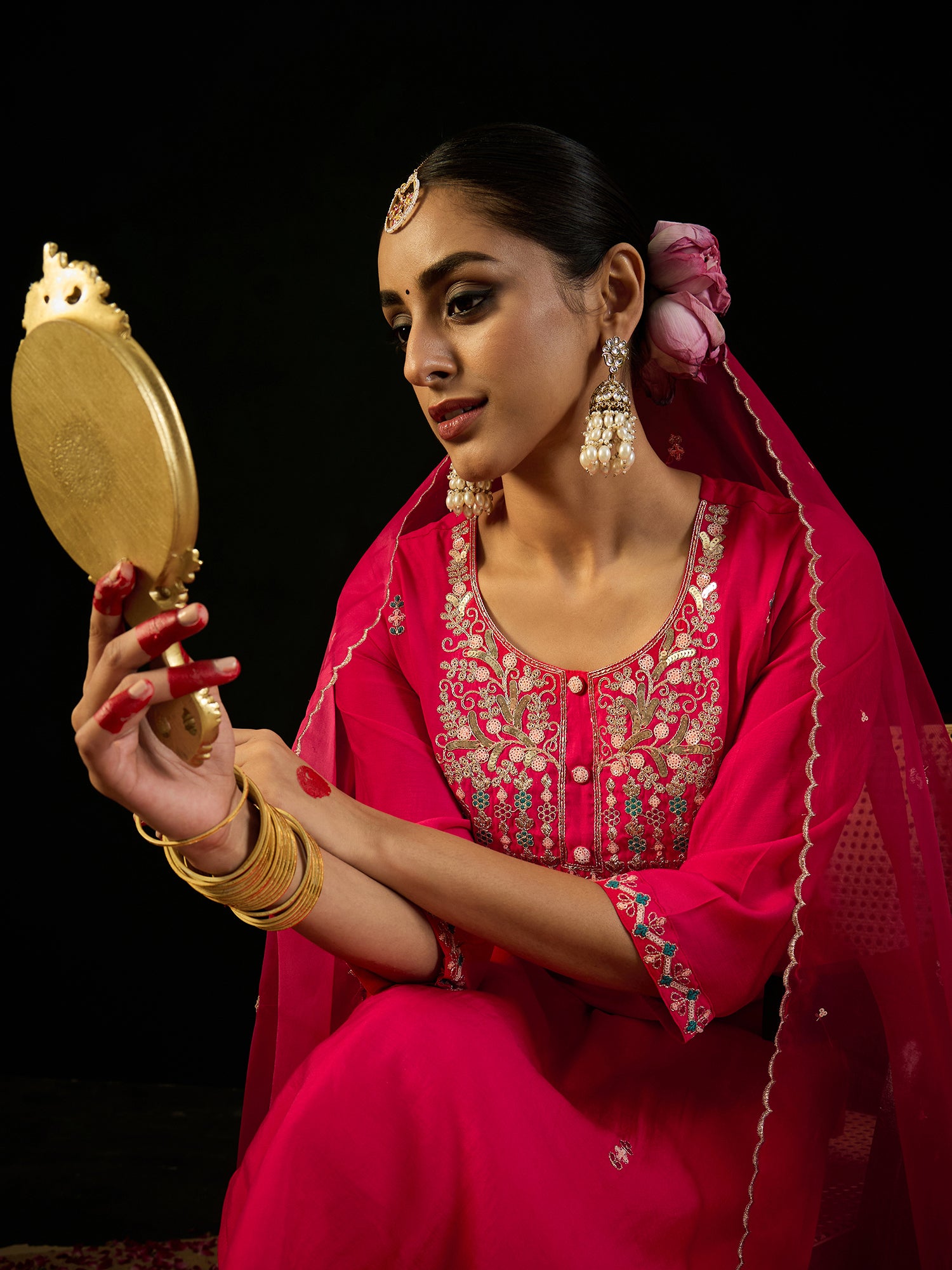 Indo Era Pink Embroidered Straight Kurta Trousers With Dupatta Set - Distacart