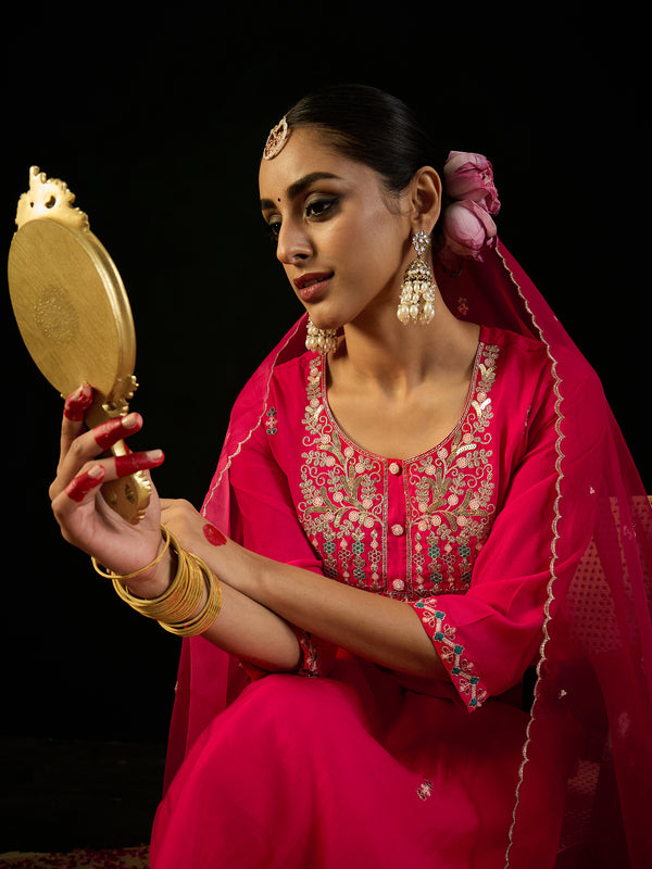 Indo Era Pink Embroidered Straight Kurta Trousers With Dupatta Set - Distacart