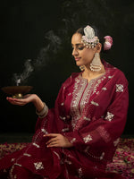 Thumbnail for Indo Era Maroon Embroidered Straight Kurta Trousers With Dupatta set - Distacart