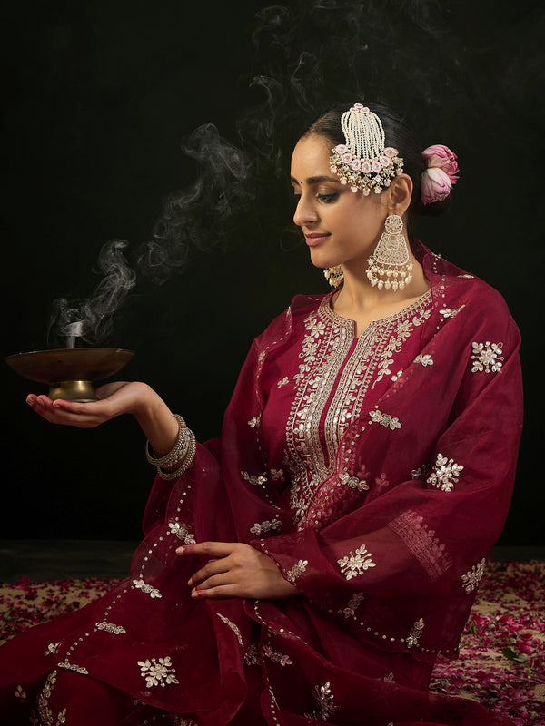 Indo Era Maroon Embroidered Straight Kurta Trousers With Dupatta set - Distacart