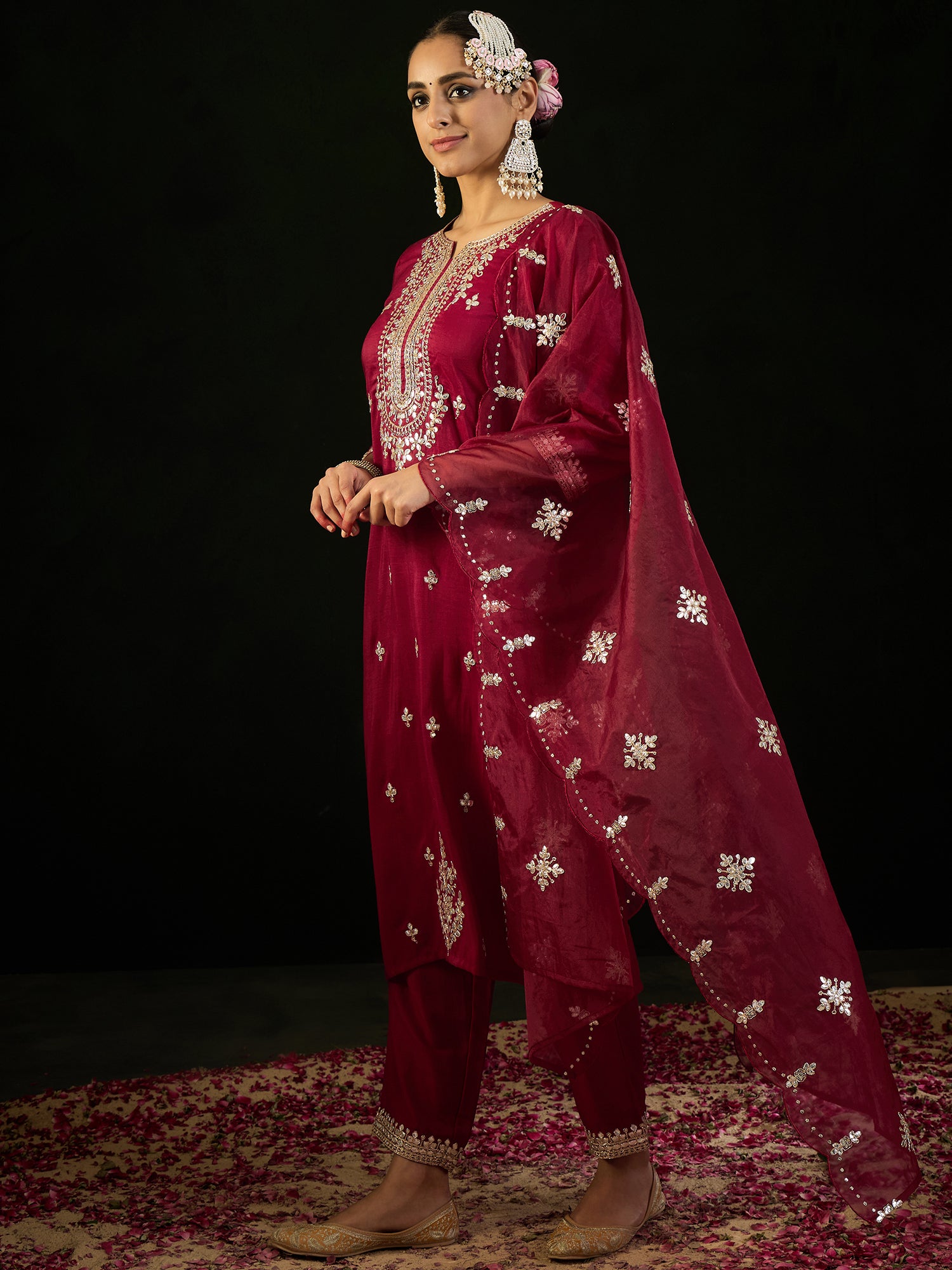 Indo Era Maroon Embroidered Straight Kurta Trousers With Dupatta set - Distacart