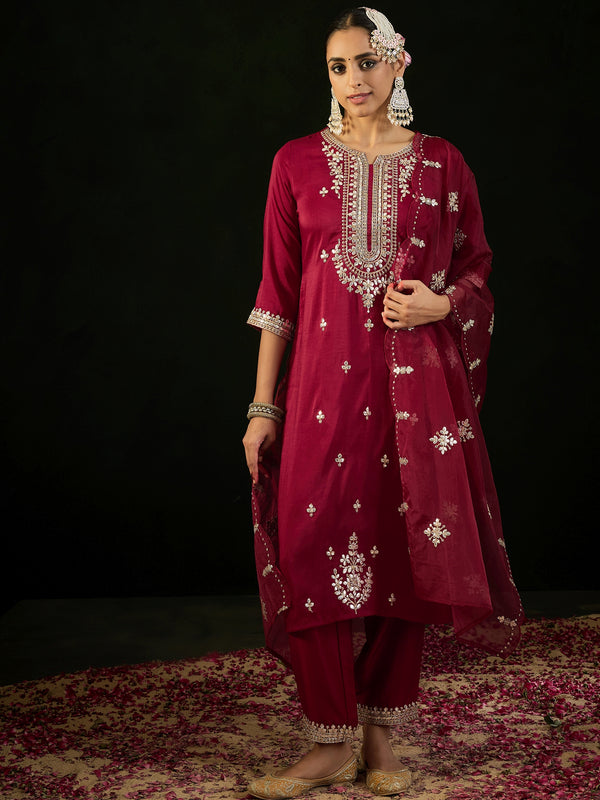Indo Era Maroon Embroidered Straight Kurta Trousers With Dupatta set - Distacart