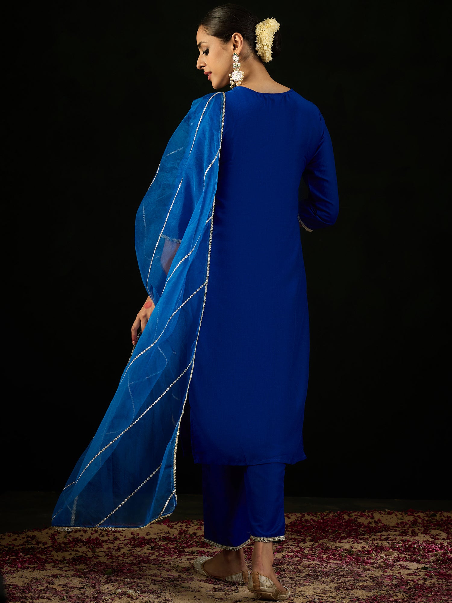 Indo Era Blue Embroidered Straight Kurta Trousers With Dupatta set - Distacart