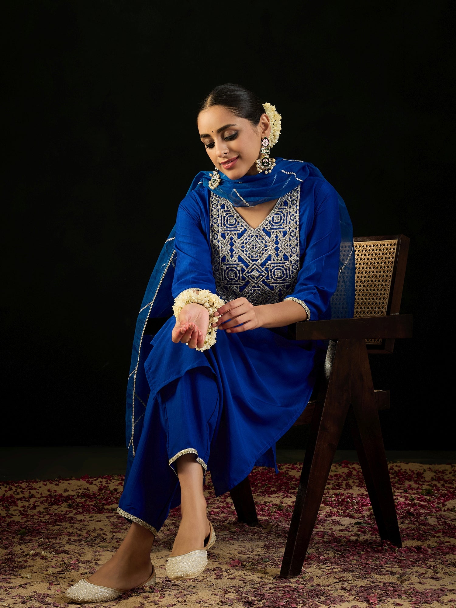 Indo Era Blue Embroidered Straight Kurta Trousers With Dupatta set - Distacart