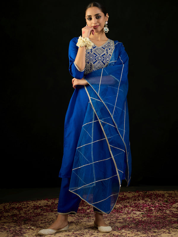 Indo Era Blue Embroidered Straight Kurta Trousers With Dupatta set - Distacart