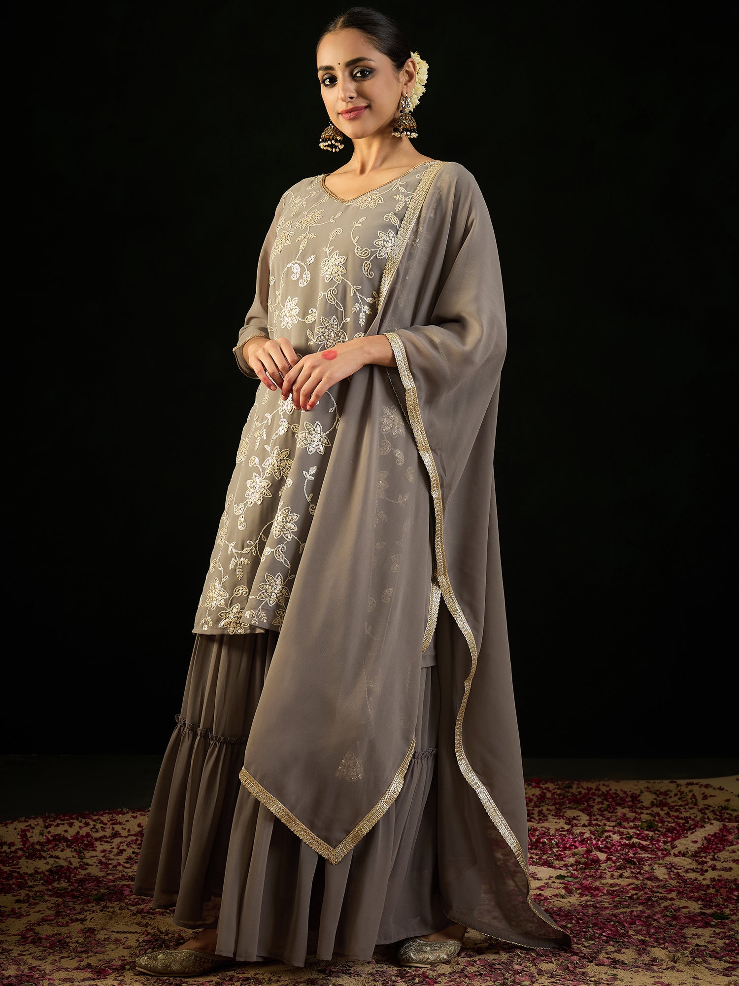Indo Era Grey Embroidered Straight Kurta Sharara With Dupatta set - Distacart