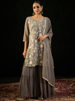 Thumbnail for Indo Era Grey Embroidered Straight Kurta Sharara With Dupatta set - Distacart