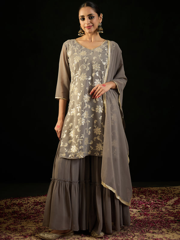 Indo Era Grey Embroidered Straight Kurta Sharara With Dupatta set - Distacart