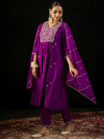 Thumbnail for Indo Era Purple Embroidered A-Line Kurta Trousers With Dupatta set - Distacart