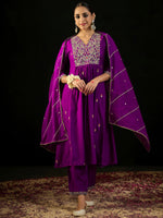 Thumbnail for Indo Era Purple Embroidered A-Line Kurta Trousers With Dupatta set - Distacart