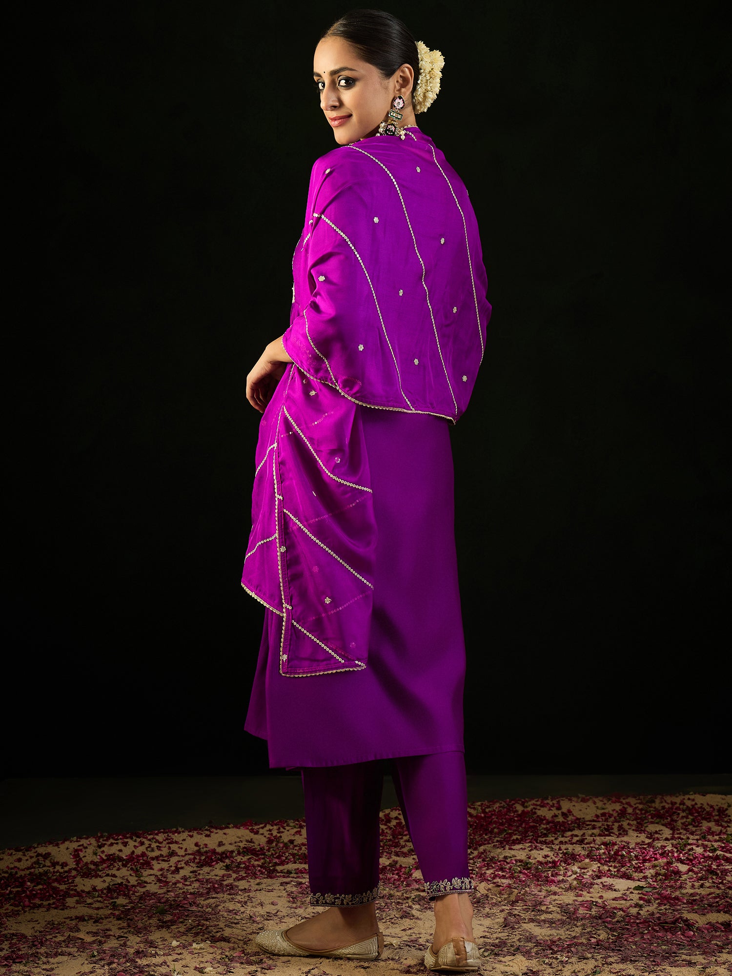 Indo Era Purple Embroidered A-Line Kurta Trousers With Dupatta set - Distacart