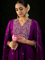 Thumbnail for Indo Era Purple Embroidered A-Line Kurta Trousers With Dupatta set - Distacart