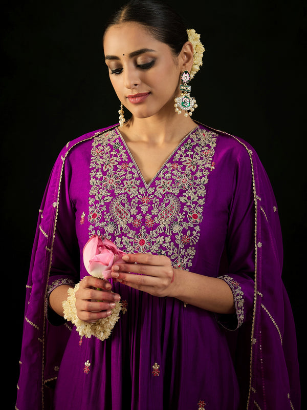 Indo Era Purple Embroidered A-Line Kurta Trousers With Dupatta set - Distacart