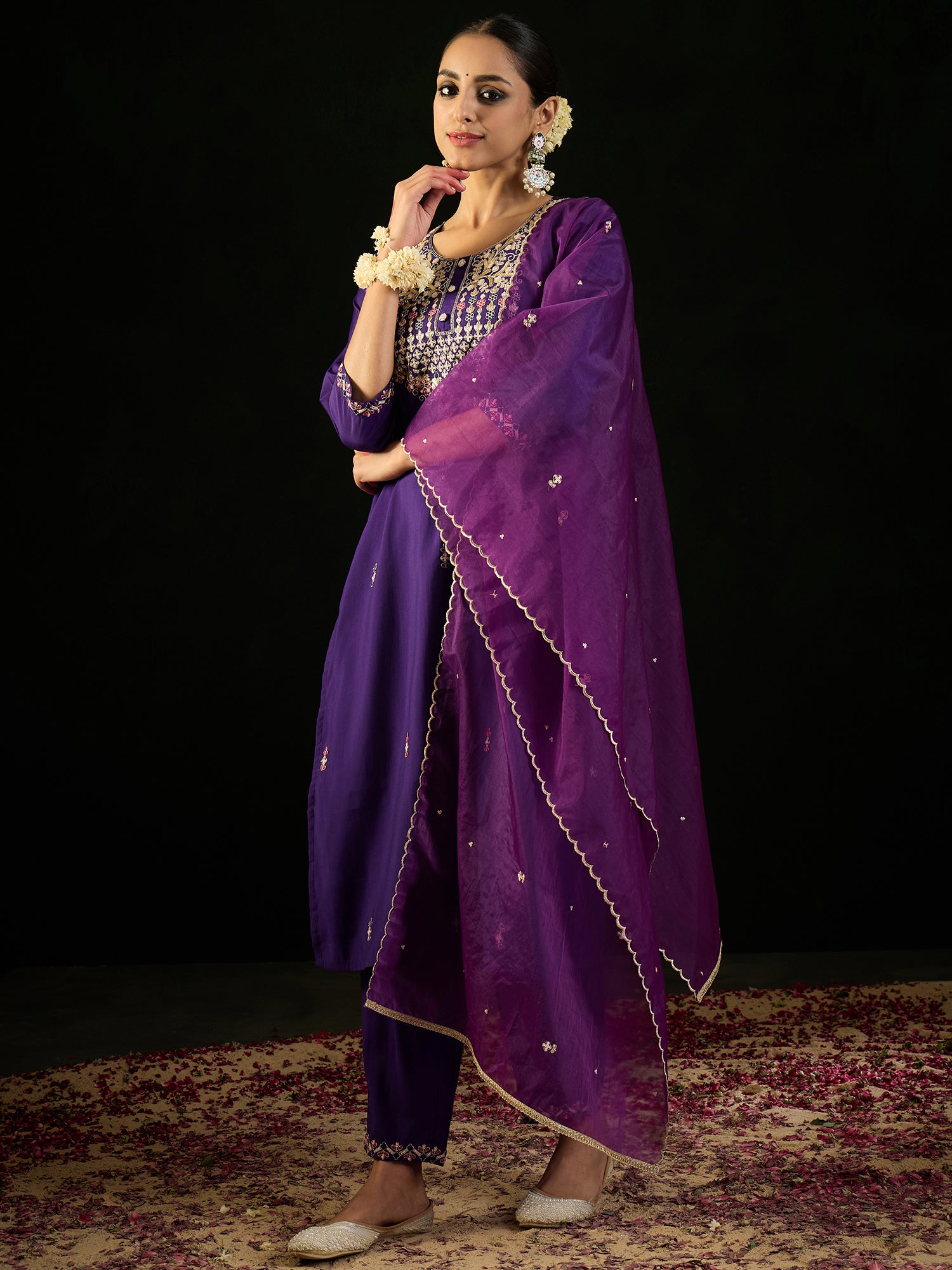Indo Era Purple Embroidered Straight Kurta Trousers With Dupatta Set - Distacart