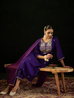 Thumbnail for Indo Era Purple Embroidered Straight Kurta Trousers With Dupatta Set - Distacart