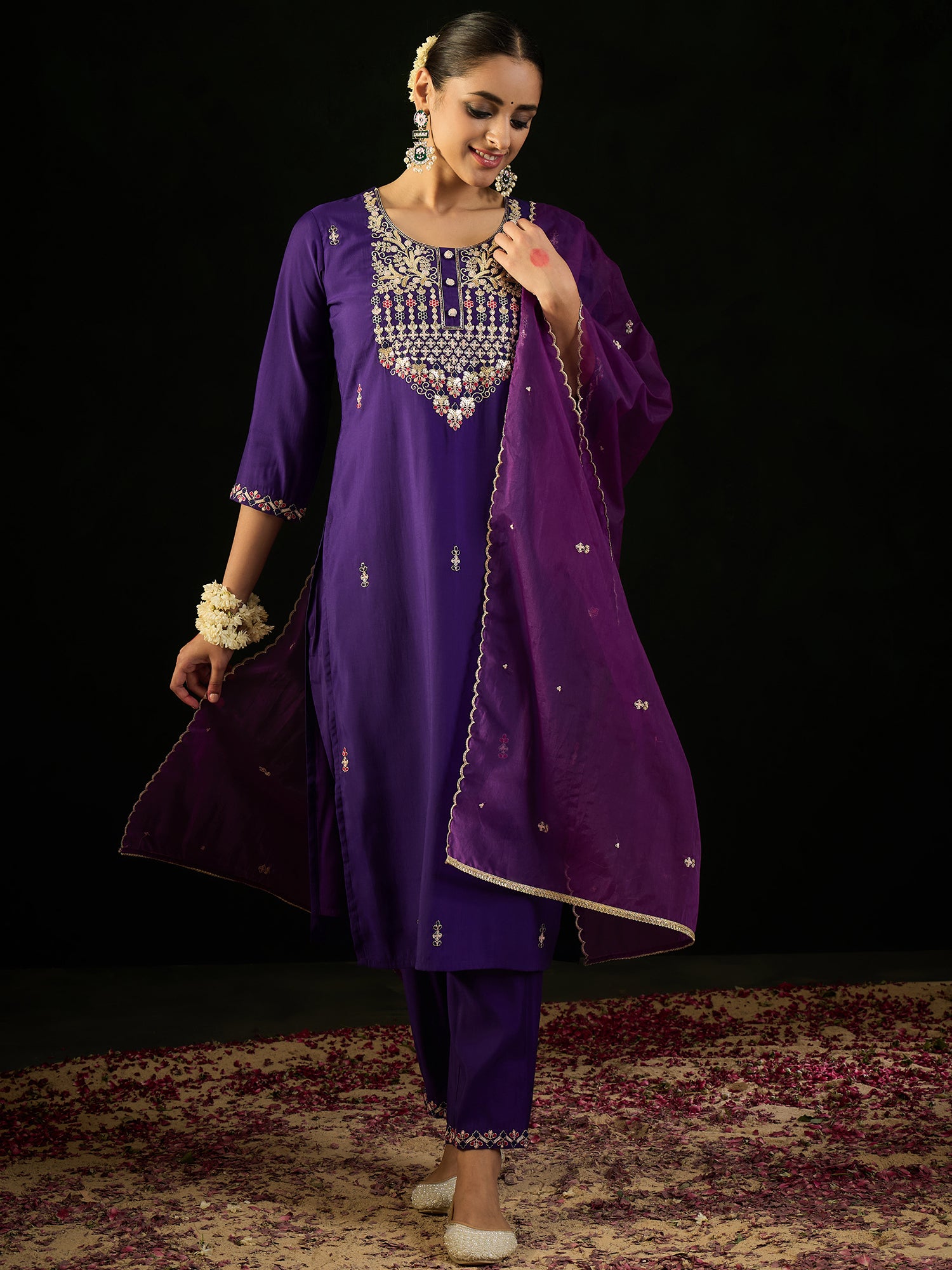 Indo Era Purple Embroidered Straight Kurta Trousers With Dupatta Set - Distacart