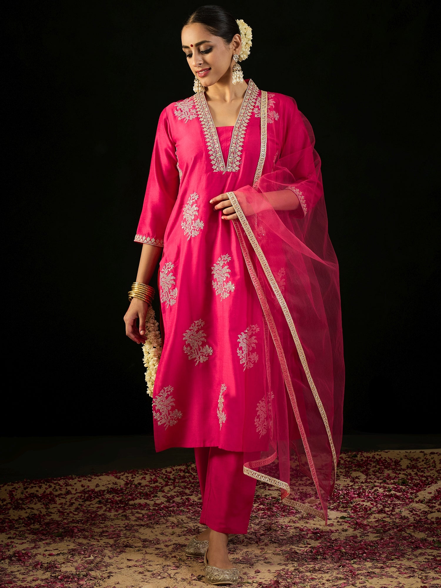 Indo Era Magenta Embroidered Straight Kurta Trousers With Dupatta set - Distacart