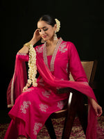Thumbnail for Indo Era Magenta Embroidered Straight Kurta Trousers With Dupatta set - Distacart
