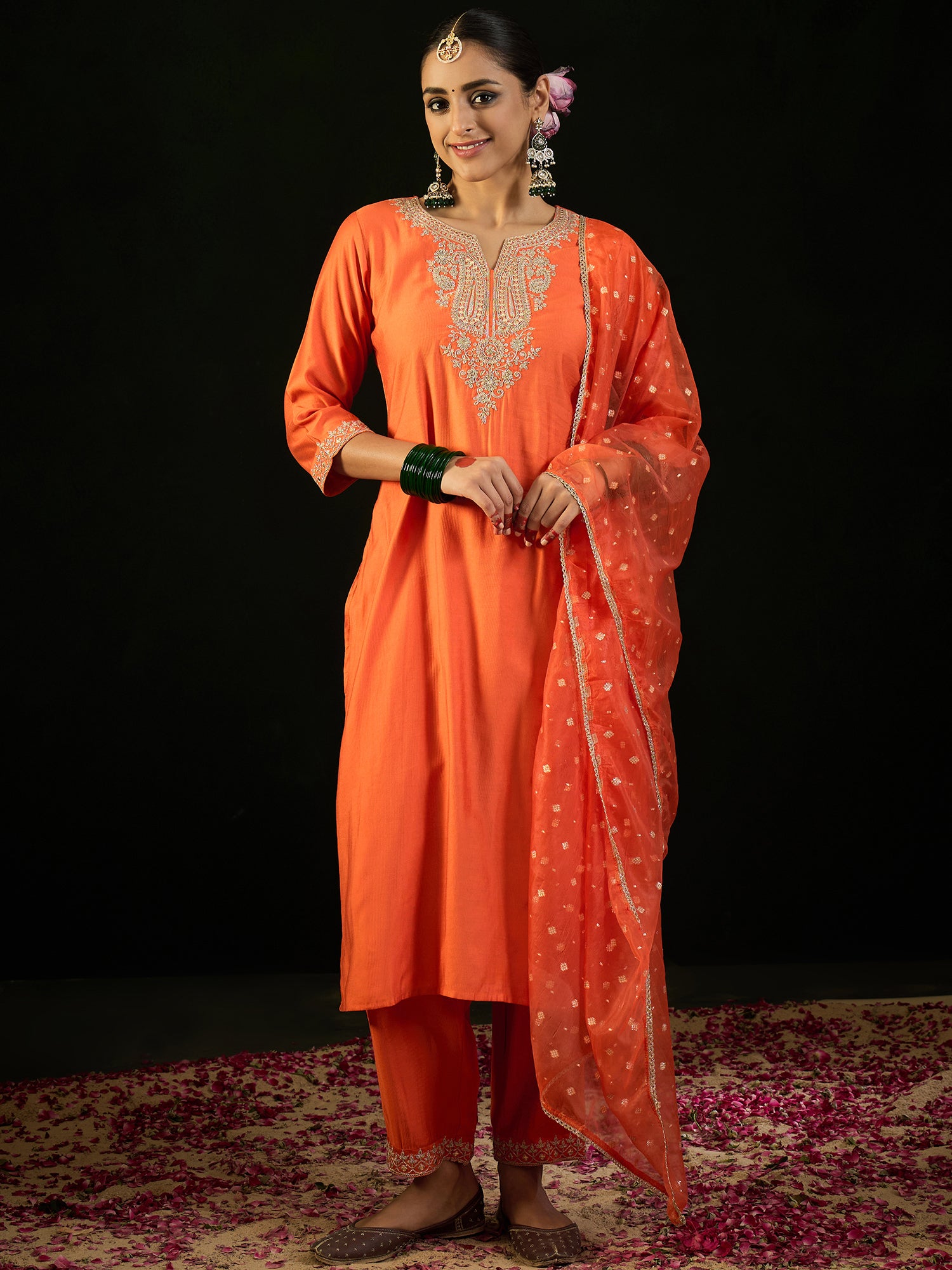 Indo Era Orange Embroidered Straight Kurta Trousers With Dupatta set - Distacart
