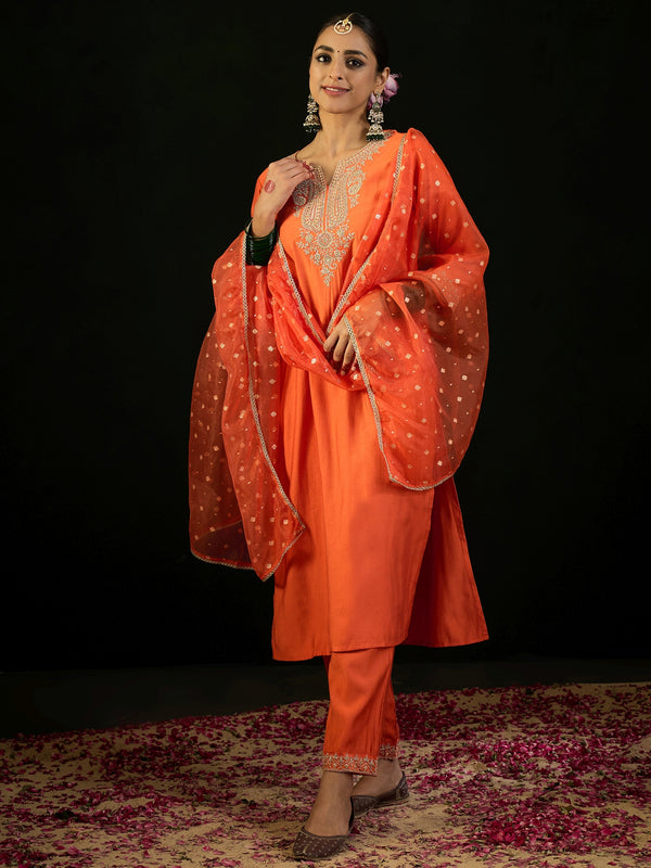 Indo Era Orange Embroidered Straight Kurta Trousers With Dupatta set - Distacart