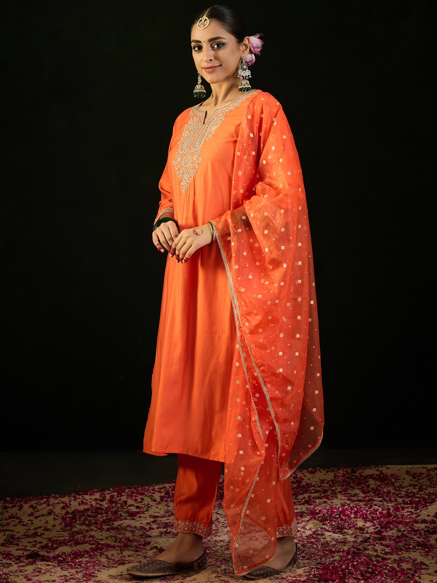 Indo Era Orange Embroidered Straight Kurta Trousers With Dupatta set - Distacart