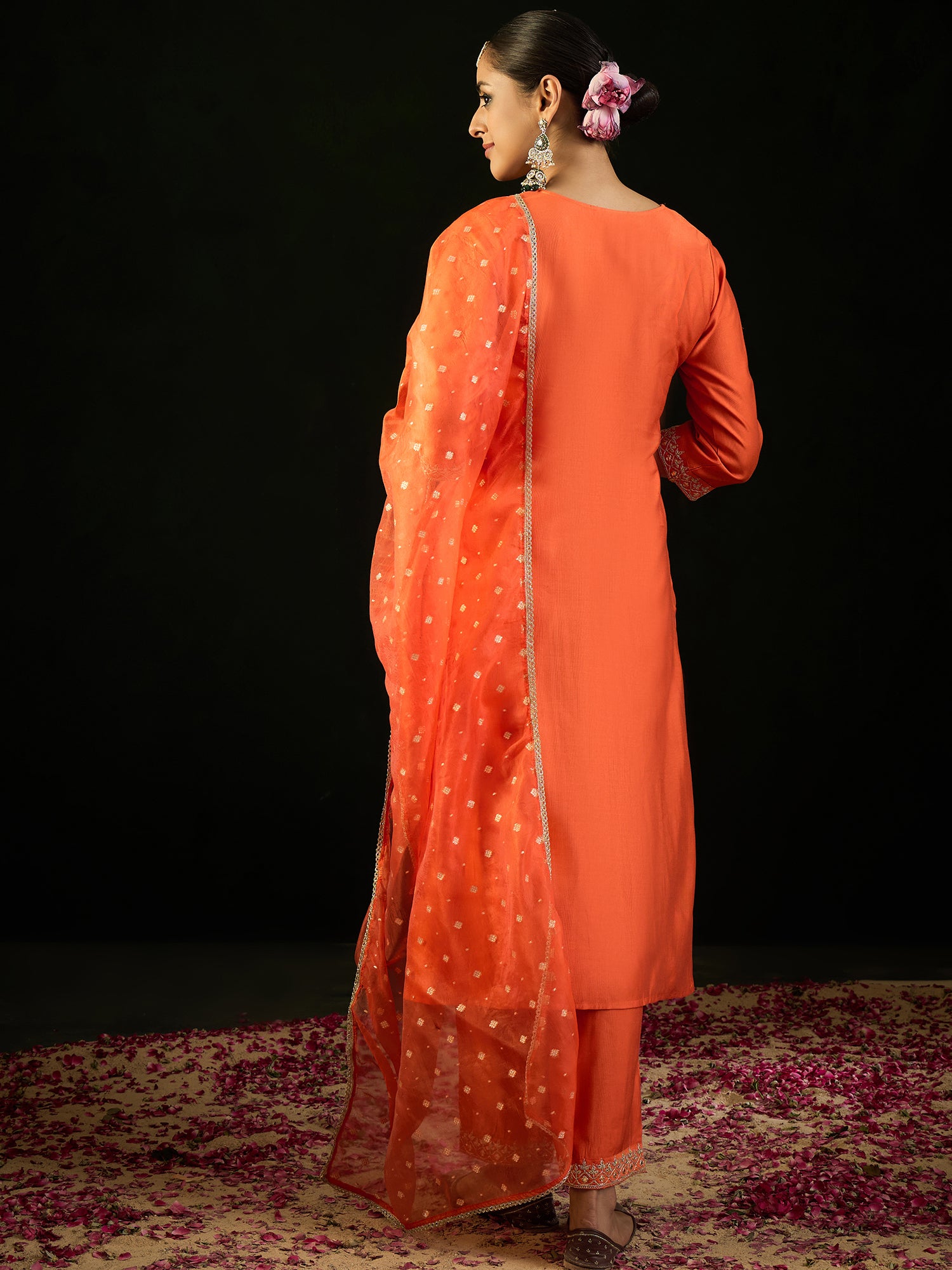 Indo Era Orange Embroidered Straight Kurta Trousers With Dupatta set - Distacart