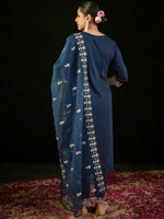 Thumbnail for Indo Era Navy Blue Embroidered Straight Kurta Trousers With Dupatta set - Distacart