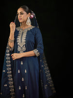Thumbnail for Indo Era Navy Blue Embroidered Straight Kurta Trousers With Dupatta set - Distacart