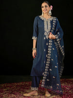 Thumbnail for Indo Era Navy Blue Embroidered Straight Kurta Trousers With Dupatta set - Distacart