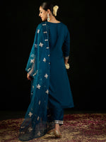 Thumbnail for Indo Era Teal Embroidered Straight Kurta Trousers With Dupatta set - Distacart