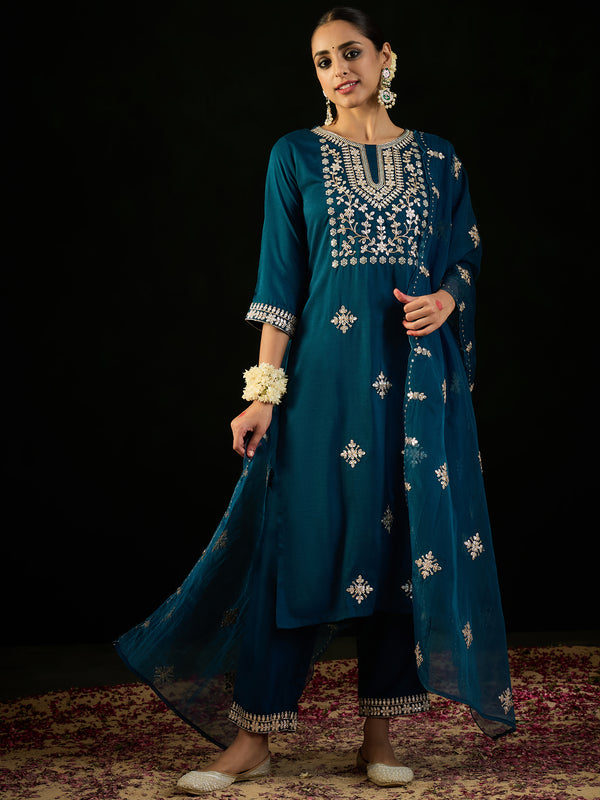 Indo Era Teal Embroidered Straight Kurta Trousers With Dupatta set - Distacart