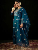 Thumbnail for Indo Era Teal Embroidered Straight Kurta Trousers With Dupatta set - Distacart