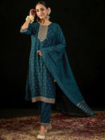 Thumbnail for Indo Era Teal Embroidered Straight Kurta Trousers With Dupatta set - Distacart